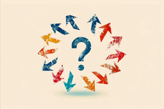 A circle of arrows with a question mark in the middle. The arrows are all different colors and sizes, and they are all pointing in different directions. Concept of confusion and uncertainty. Generative AI