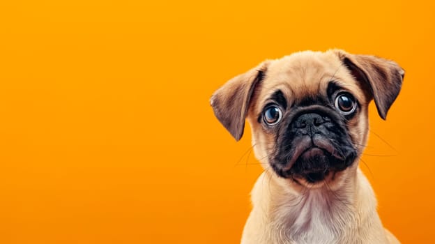 Pug puppy looking at the camera on orange background. Generative AI.