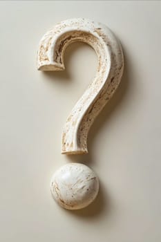 A white and brown sculpture of a question mark. The white part of the question mark is missing, and the brown part is covered in dirt. Generative AI