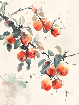 A watercolor painting featuring apples clustered on a twig of a flowering plant from the Rose family, showcasing the beauty of natures produce