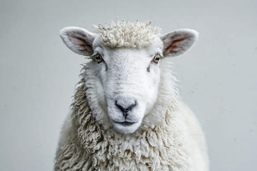 White sheep with long hair looking at the camera. Generative AI.