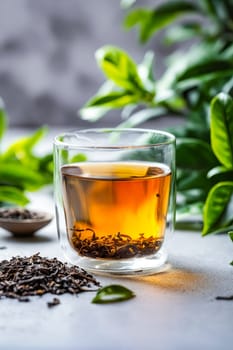 Cup of tea with leaves and seeds. Generative AI.