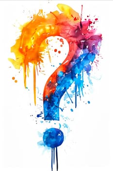 A colorful question mark with a blue circle in the middle. The question mark is surrounded by splatters of paint, giving it a chaotic and abstract appearance. Generative AI