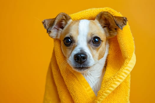 Small dog wrapped in towel on orange background. Generative AI.