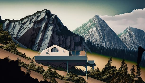 Digital composite of 3D mountains with blue sky and house in foreground. Generative AI.