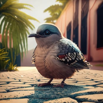 Cute bird standing on the ground in front of the palm trees. Generative AI.