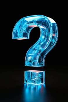 A blue question mark made of glass. The blue color of the question mark is very bright and stands out against the black background. Generative AI