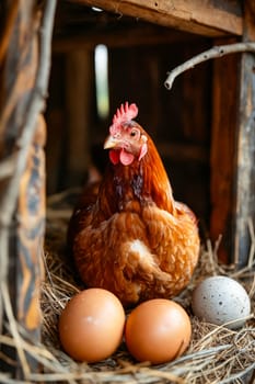 Chicken sitting in the nest with eggs. Generative AI.