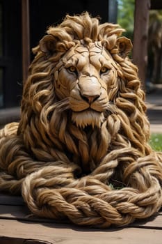 3d lion statue made out of realistic big ropes. Generative AI.