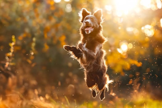Dog jumping in the air with its paws up. Generative AI.