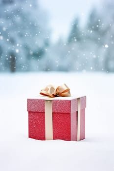 Christmas holiday gift and present, gift box in the snow in snowfall winter countryside nature for boxing day, holidays shopping sale idea