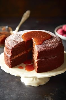 Food, bakery and holiday baking recipe, chocolate cake pudding with cocoa caramel sauce, post-processed, generative ai