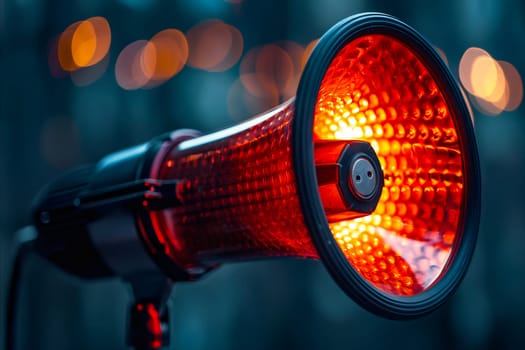 A red speaker with a glowing light on it. The speaker is surrounded by a blurry background. The speaker is lit up and he is a part of a larger light show. Generative AI