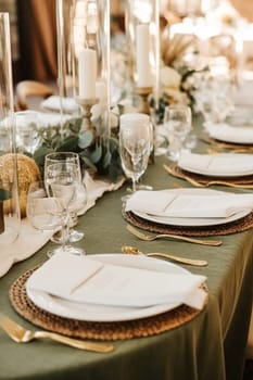 Sage green holiday tablescape, formal dinner table setting, table scape with decoration for wedding party and event celebration, post-processed, generative ai