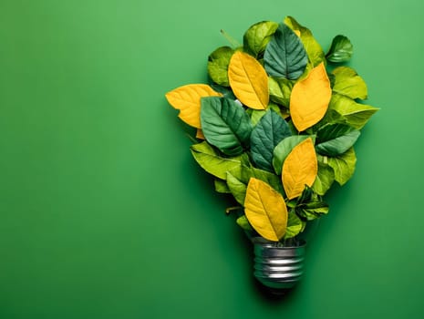 Light bulb with leaves on green background. Generative AI.