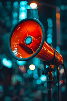 A red microphone is on a stand in front of a blue background. The microphone is the main focus of the image. Generative AI