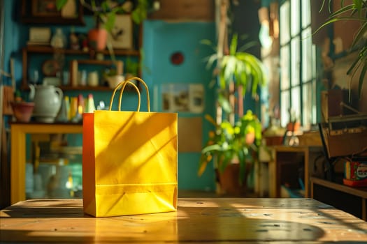 A yellow shopping bag sits on a wooden table in a room with plants. The bag is open and the sunlight is shining on it, creating a warm and inviting atmosphere. The room has a cozy and welcoming feel. Generative AI