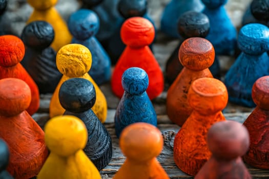 Group of colorful wooden chess pieces. Generative AI.