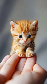 Small orange kitten sitting on person's hand. Generative AI.