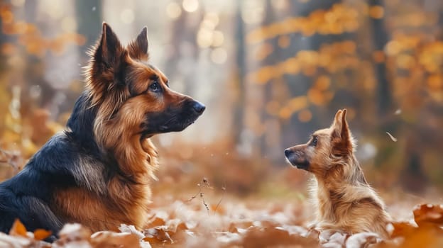 Two dogs sitting in the leaves of forest. Generative AI.