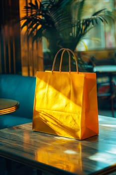 A yellow shopping bag sits on a table in a restaurant. The bag is the main focus of the image, and it is a shopping bag from a store. The table is surrounded by chairs. Generative AI