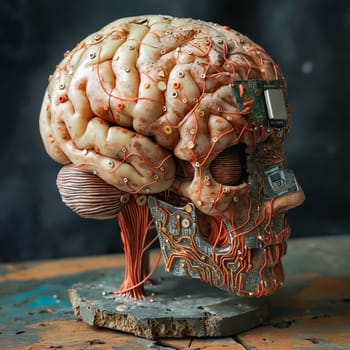 Sculpture of human brain with wires. Generative AI.