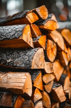 Pile of wood is stacked up in warehouse. Generative AI.