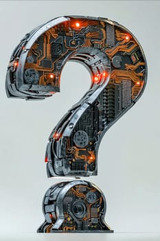 A large, metallic, glowing question mark made of electronic components. The design is futuristic and industrial, with a sense of mystery and curiosity. Generative AI