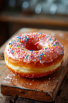 Donut with sprinkles on top of wooden board. Generative AI.