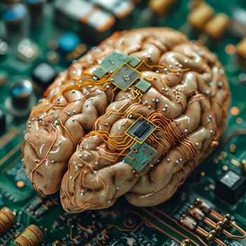 Human brain on top of computer board. Generative AI.