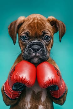 Puppy wearing boxing gloves on blue background. Generative AI.