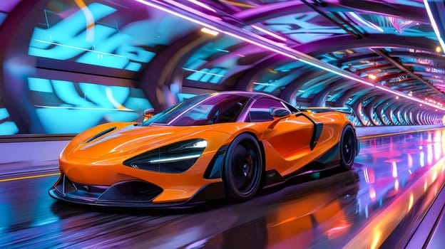 Car driving through tunnel with neon lights. Generative AI.