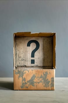 A cardboard box with a black question mark on it. The box is open and empty. Generative AI