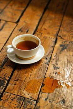 A cup of tea sits on a wooden table. The cup is white and has a saucer underneath it. The table is made of wood and has a rustic feel to it. The tea appears to be a dark color. Generative AI