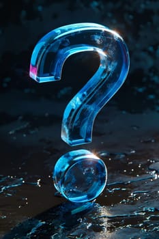A blue question mark made of ice. The blue color of the question mark is very bright and stands out against the dark background. The ice-like material gives the question mark a unique. Generative AI