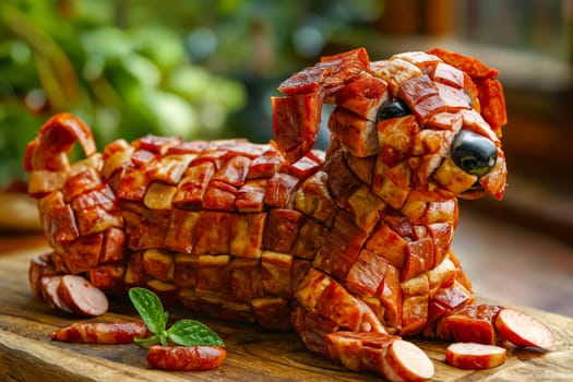 Dog made out of meat on wooden table. Generative AI.