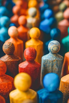 A group of wooden figurines of people in various colors. The scene is lively and colorful, with each person standing out in their own unique way. Generative AI