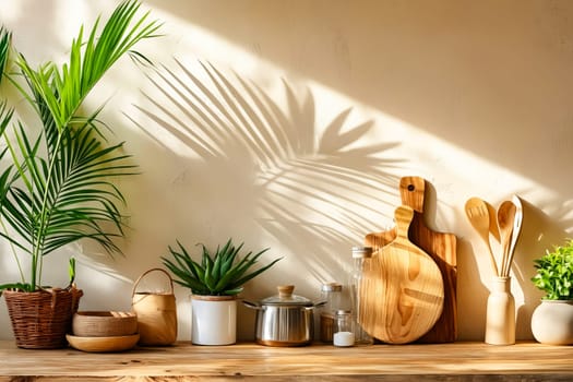 Wooden shelf with utensils and plants. Generative AI.