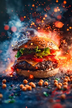 Burger with fire and smoke. Generative AI.