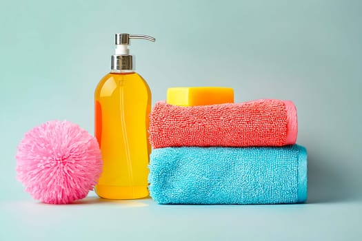 Stack of towels and soap on blue background. Generative AI.