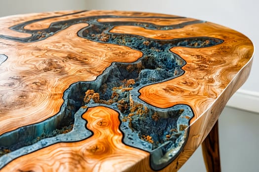 Table with river design on it. Generative AI.