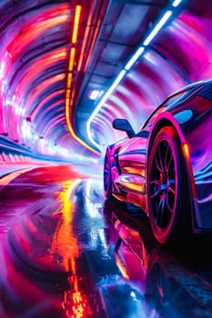 Car in tunnel with neon lights. Generative AI.