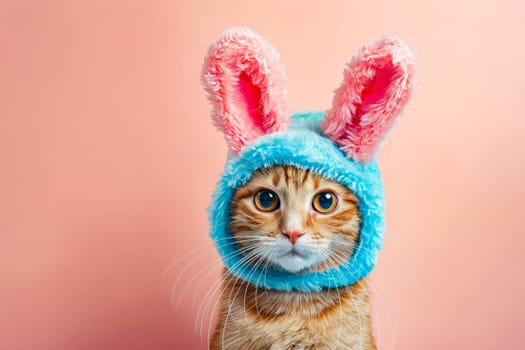 Cat wearing blue bunny hat. Generative AI.