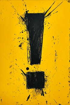 A yellow and black sign with an exclamation point. The sign is splattered with paint, giving it a messy and chaotic appearance. Generative AI