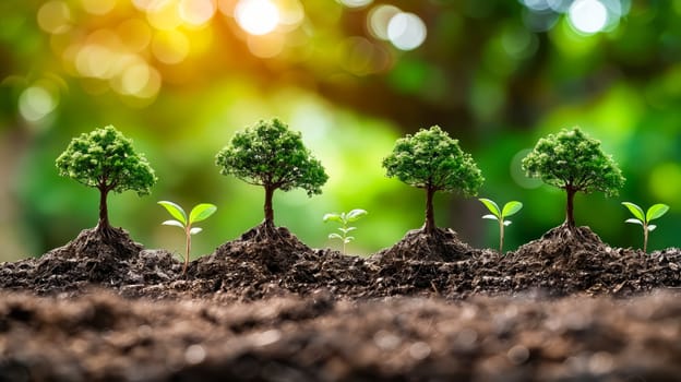 Row of small trees growing in the soil. Generative AI.