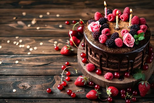 Chocolate cake with berries and candles on top. Generative AI.
