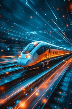 Train traveling through tunnel at night. Generative AI.