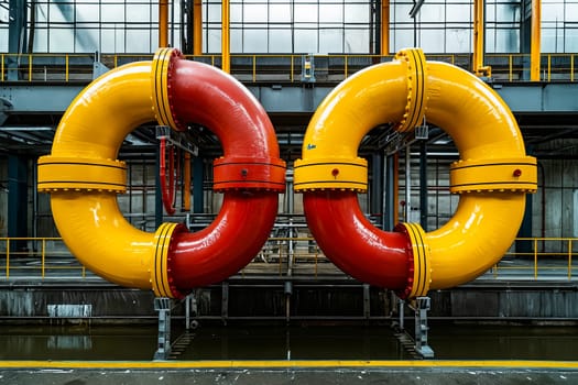 Two large red and yellow pipes in factory. Generative AI.
