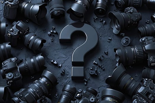 A black and white image of many different lenses with a question mark in the middle. Concept of curiosity and wonder about the various lenses. Generative AI