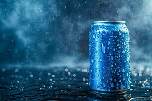 Blue can of soda with water droplets on it. Generative AI.